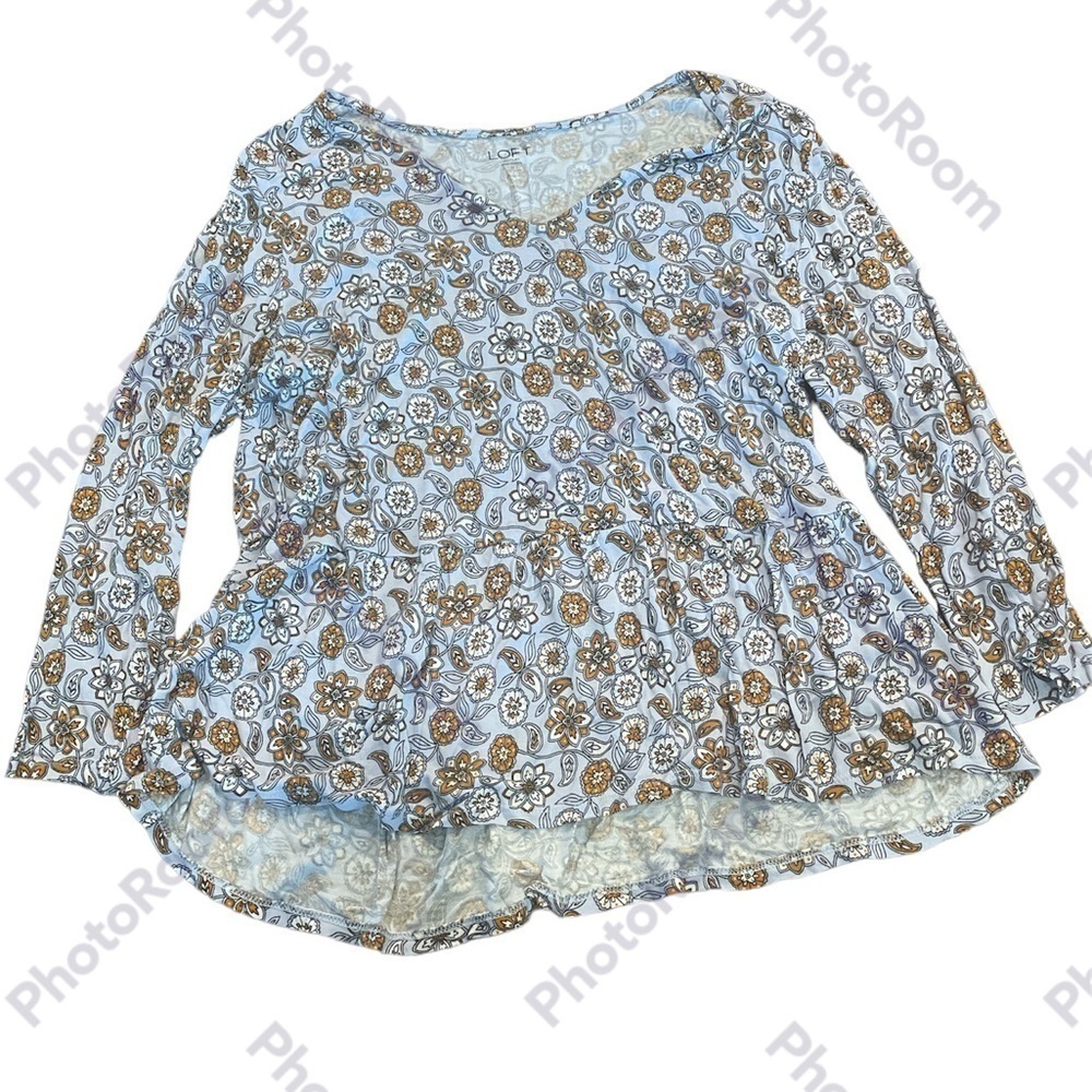 LOFT, womens, blue and orange peplum 3/4 length blouse.